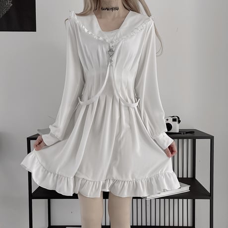 【2カラー】 ワンピース フリル襟 ストラップ ハイウエスト Aライン 長袖 韓国ファッション レディース 大人可愛い ガーリー フェミニン ゴシック 暗黒系 DTC-624472065156