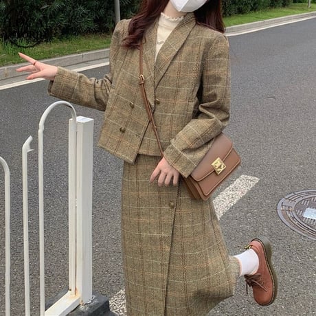 セットアップ ウール チェック柄 ショートジャケット ロングスカート ハイウエス レトロ 韓国ファッション レディース 大人可愛い ガーリー DTC-659492554129