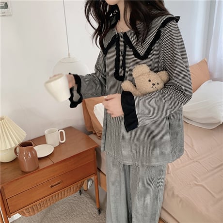 ルームウェア セットアップ パジャマ チェック柄 フリル トップス パンツ 上下セット 部屋着 韓国ファッション レディース 大人可愛い ガーリー フェミニン DTC-664959658095