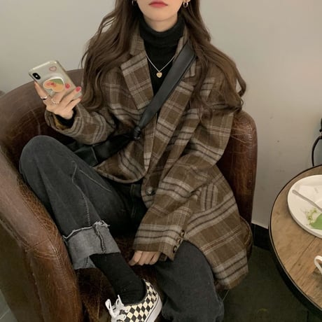 チェック柄 ウールジャケット シングルブレスト 長袖 ルーズ 韓国ファッション レディース ジャケット 大人可愛い ガーリー レトロ DTC-654505471003