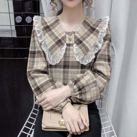 チェック柄 ブラウス ビッグカラー フリル襟 レース ランタンスリーブ 長袖 薄手 レトロ 韓国ファッション レディース 大人可愛い ガーリー フェミニン DTC-667558707501