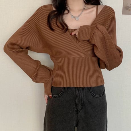 リブニット フェイクレイヤード ルーズ 長袖 セーター 韓国ファッション レディース ニット ゆったり 大人可愛い ガーリー DTC-653558986383