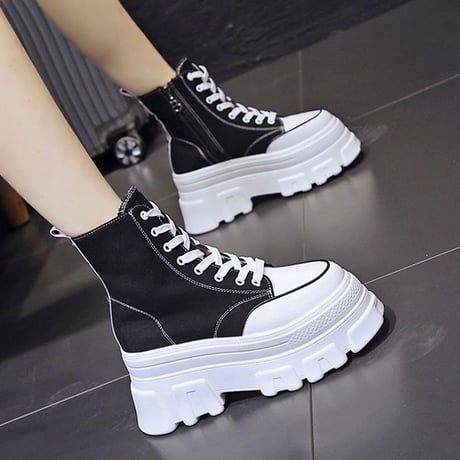 厚底 キャンバススニーカー ハイカット 22.5～24.5cm シューレース サイドファスナー ブラック ベーシック カジュアル 大人可愛い ガーリー DTC-650901386927