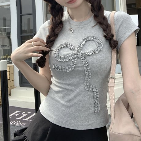 立体リボン Tシャツ リボンコード フリル タイト スリムフィット ショート丈 クルーネック 半袖 レトロ 大人可愛い ガーリー カジュアル DTCA-802763810438