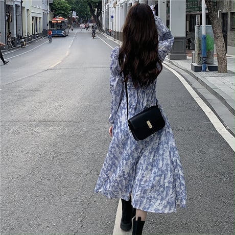 タイダイ柄 ワンピース Vネック パフ袖 ロング丈 ハイウエスト 長袖 韓国ファッション レディース 大人可愛い ガーリー フェミニン DTC-655101514169