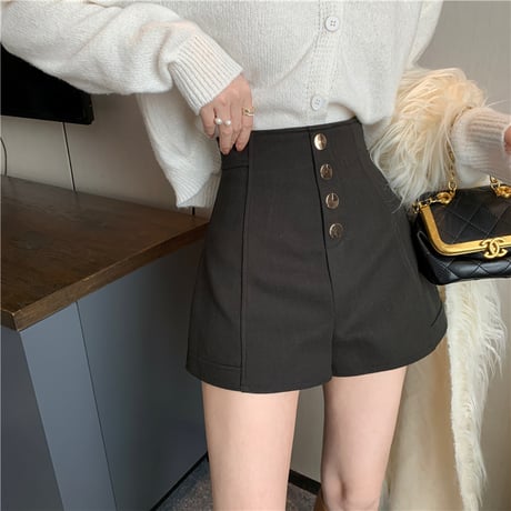 ショートパンツ ハイウエスト ゴールドボタン センタープレス ショーパン レトロ 韓国ファッション レディース 大人可愛い ガーリー DTC-660050274344