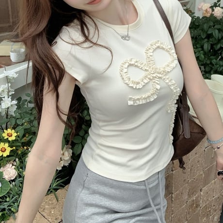 立体リボン Tシャツ リボンコード フリル タイト スリムフィット ショート丈 クルーネック 半袖 レトロ 大人可愛い ガーリー カジュアル DTCA-802763810438