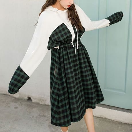 チェック柄 ワンピース 韓国ファッション レディース フェイクレイヤード フード ランタンスリーブ ウエストゴム ひざ丈 シンプル 春 秋 韓国 (DTC-587950595372)