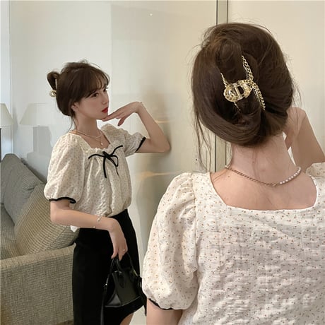 小花柄 ブラウス スクエアネック パフ袖 半袖 薄手 韓国ファッション レディース トップス 大人可愛い ガーリー フェミニンDTC-639992353910)