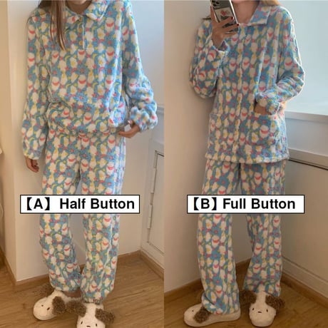 【ルームウェア】 選べる2タイプ パジャマ セットアップ トップス + パンツ フロントボタン フリース 長袖 上下セット 長袖 韓国ファッション レディース ガーリー 633212166815