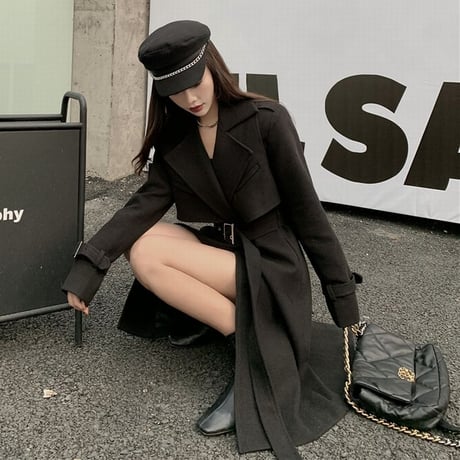 ツーピース ロングコート ＋ ベスト ベルト付き ウール ロング丈 韓国ファッション レディース コート アウター 大人可愛い フォーマル ガーリー DTC-630171040843