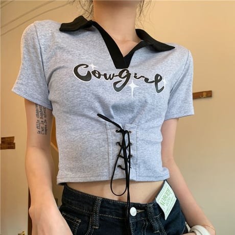 ポロシャツ バイカラー ショート丈 絞り紐 トップス 半袖 ポロ襟 クロップド丈 韓国ファッション レディース 大人可愛い ガーリー カジュアル DTC-675729700749
