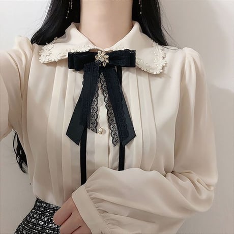 ブラウス リボンタイ フラワーカラー ランタンスリーブ シフォン 刺繍 ルーズ 長袖 レトロ 韓国ファッション レディース 大人可愛い ガーリー フェミニン DTC-624862087296