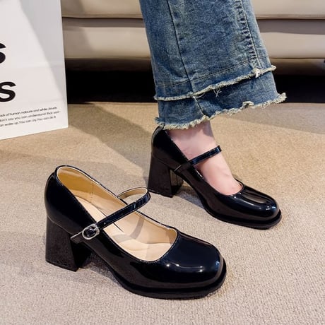 メリージェーンパンプス 22.0～24.5cm パテントレザー チャンキーヒール 太ヒール 7.5cm パンプス ラウンドトゥ 韓国ファッション レディース DTCA-821831991229