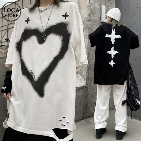 ユニセックス ダメージ加工 Tシャツ ハート クロス 半袖 オーバーサイズ 韓国ストリート系 韓国ファッション メンズ レディース カジュアル ストリートファッション DTC-643334954197