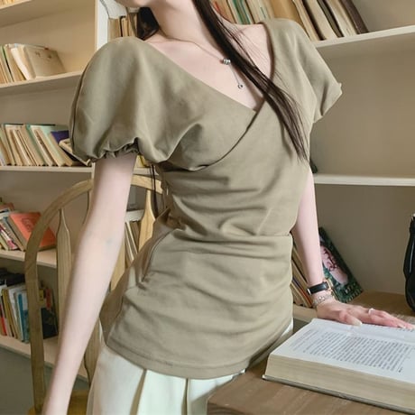 Tシャツ クロスデザイン Vネック パフスリーブ 薄手 半袖 レトロ 韓国ファッション レディース 大人可愛い ガーリー DTC-715100887328