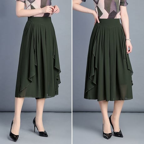 レディース レースフリル ワイドパンツ クロップドパンツ スカート風パンツ ガウチョ 韓国ファッション (DCT-588962570413_b)
