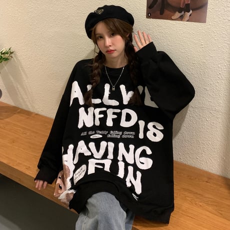 トレーナー ロンT 薄手 オーバーサイズ ラウンドネック 英字 クマちゃん ベアー ルーズ レトロ 韓国ファッション レディース ガーリー カジュアル ストリート系 DTC-656998579130
