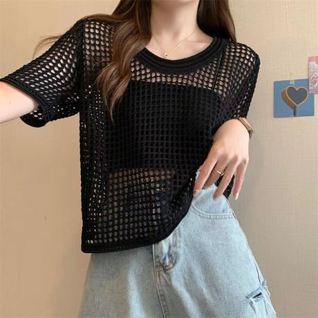 サマーニット メッシュ トップス プルオーバー tシャツ 透かし編み クルーネック ショート丈 レイヤードトップス 半袖 レトロ 大人可愛い ガーリー カジュアル DTCA-676945045996