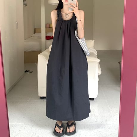 ノースリーブ ワンピース ギャザー ゆったりウエスト ロングワンピース Aライン 体型カバー ルーズ レトロ 大人可愛い ガーリー 韓国ファッション レディース DTC-809589554371