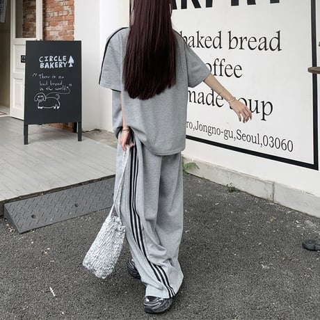 セットアップ サイドライン Tシャツ ワイドパンツ 半袖 ロゴ トップス スポーツミックス 上下セット レトロ 韓国ファッション レディース 大人可愛い ガーリー DTC-786931285601
