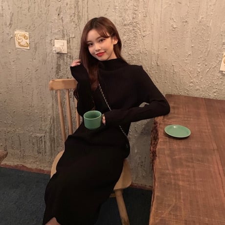【ワンピース】 ニットワンピース ハイウエスト 長袖 韓国ファッション レディース タートルネック レトロ かわいい ガーリー 627406052202