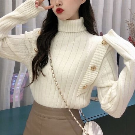 タートルネック リブニット プルオーバー 長袖 ニット レトロ 韓国ファッション レディース 大人可愛い ガーリー カジュアル DTC-656658948625