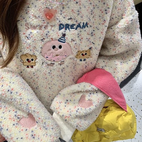 ボアトレーナー ボアトップス フェイクラムウール オーバーサイズ トップス 刺繍 長袖 プルオーバー レトロ 韓国ファッション レディース 大人可愛い カジュアル DTC-751169871105