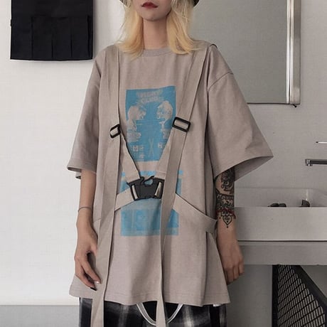 ストラップ付き Tシャツ 半袖 ルーズ 韓国ファッション レディース トップス ゆったり 大きめ カジュアル ストリートファッション DTC-641557398016