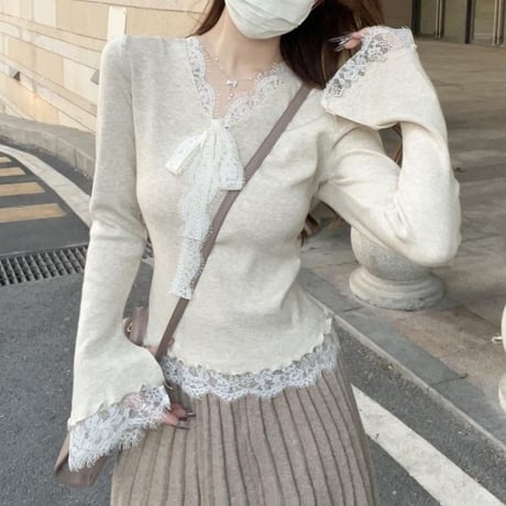 ニット Vネック レース リボン スリムフィット スリムニット トップス プルオーバー ニットソー 長袖 レトロ 大人可愛い ガーリー DTCA-858493602267