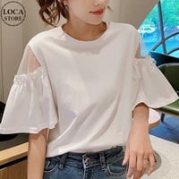 tシャツ シアースリーブ トップス クルーネック シアーtシャツ ゆったり ルーズ 半袖 レトロ 大人可愛い ガーリー カジュアル DTCA-716370765020