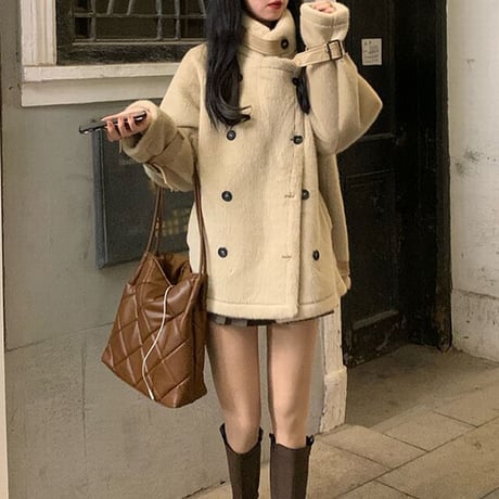 フェイクファー コート ネックベルト ハイネック ミドル丈 もこもこ ダブルブレスト ゆったり 韓国ファッション レディース 大人可愛い ガーリー DTC-659758489729