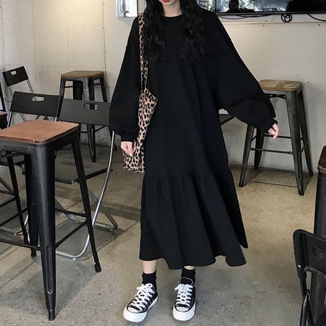ワンピース 裾フレア ボリューム袖 韓国ファッション レディース ロング丈 ゆったり パフ袖 長袖 レトロ DTC-600921917884