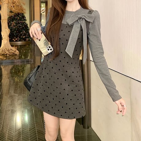 フェイクレイヤード ミニワンピース フェイクツーピース リボンタイ付き カットソー ドット柄ワンピース スリムフィット 長袖 レトロ 大人可愛い ガーリー DTC-865485856238