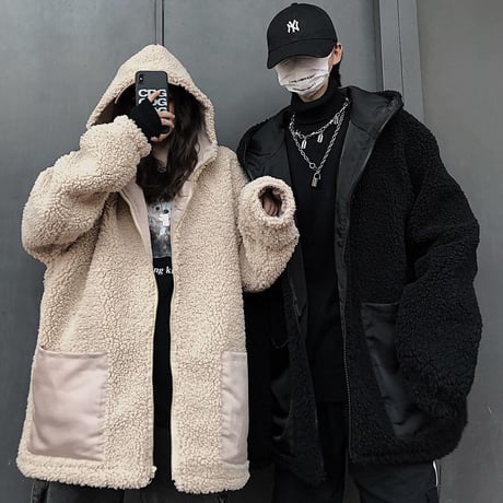 リバーシブル フード付き ボアブルゾン ユニセックス ラムウール 厚手 韓国ファッション ボアジャケット パーカー 2way もこもこ 防寒 カジュアル ストリート DTC-628591128418