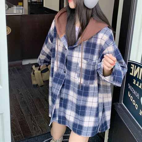 レイヤード風 フード付き チェックシャツ フードシャツ チェック柄 起毛 パーカー オーバーサイズ ルーズ レトロ 韓国ファッション レディース カジュアル DTCA-758703771535