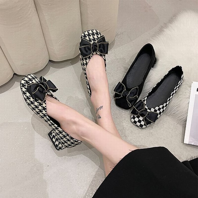 パンプス リボン 22.5～24.5cm ローヒール 無地 千鳥格子 ブロック