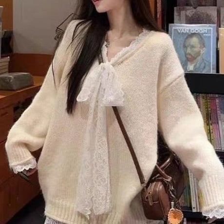 ニット レース リボン Vネック プルオーバー セーター トップス ルーズ フェイクツーピース 長袖 レトロ 大人可愛い ガーリー フェミニン カジュアル DTCA-849338174416