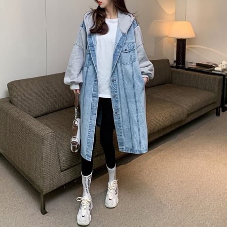 フード付き デニム切替 デニムコート デニムジャケット 異素材 ドッキング フーディ アウター ロング丈 オーバーサイズ アウター ゆったり レトロ カジュアル DTCA-685593275038