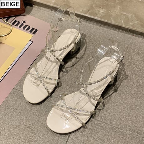 サンダル ラインストーン クロスストラップ 4cm チャンキーヒール ラウンドトゥ 韓国ファッション レディース アンクルストラップ パンプス 痛くない 歩きやすい 613065386326