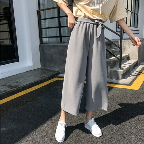 レディース ワイドパンツ ガウチョパンツ ハイウエスト ウエストリボン パンツ ボトムス 韓国ファッション オルチャン (DCT-576943177093)