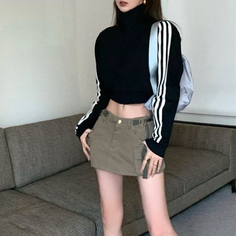 トラックジャケット サイドライン クロップド丈 ジップアップ ジャージ ルーズ 長袖 レトロ 韓国ファッション レディース 大人可愛い ガーリー カジュアル DTCA-688305231714