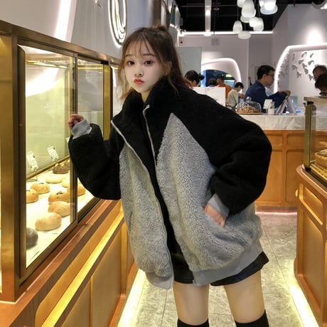 ボアブルゾン バイカラー アウター 韓国ファッション レディース ブルゾン ジャケット もこもこ フロントジッパー カジュアル 秋 冬 (DTC-605491386925)
