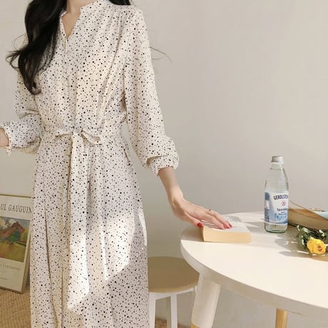 レディース ドット柄 カシュクールワンピース 春 レトロ 長袖 Vネック シャツワンピース 韓国ファッション オルチャン (DCT-584482879562)