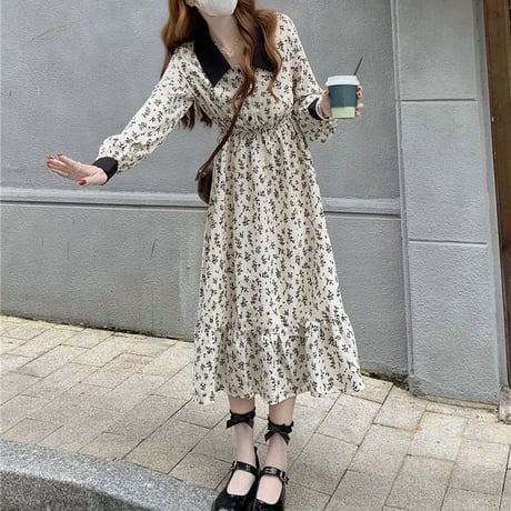 襟付き 花柄ワンピース ロング丈 伸縮性ウエスト ハイウエスト 長袖 韓国ファッション レディース 大人可愛い ガーリー フェミニンDTC-655324922378