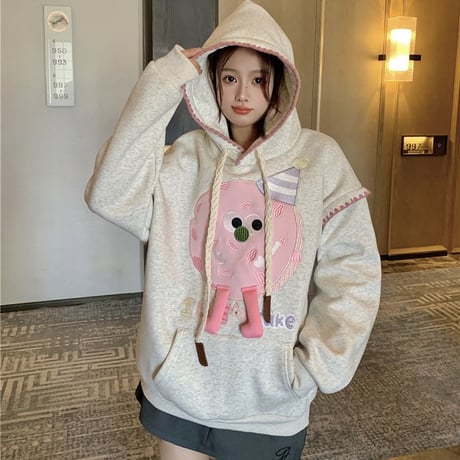 パーカー プルオーバー オーバーサイズ 裏起毛 刺繍 フード付き トップス 秋 冬 長袖 レトロ 韓国ファッション レディース 大人可愛い ガーリー カジュアル DTC-752997903196