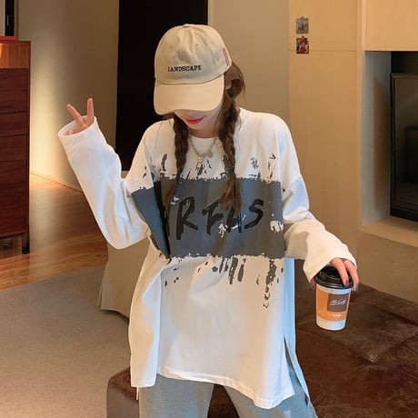 長袖 Tシャツ 前後で丈違い 両側スリット韓国ファッション レディース ロングTシャツ ロンt トップス ゆったり カットソー 大人可愛い ガーリー DTC-626527399174