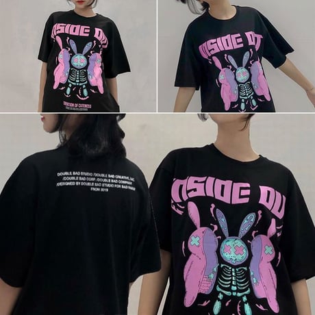ユニセックス Tシャツ 半袖 うさぎ スケルトン プリント オーバーサイズ 大きめ カジュアル 韓国ファッション メンズ レディース 韓国ストリートファッション DTC-641627202982