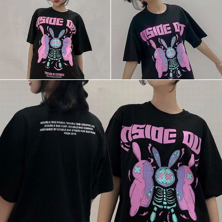 半袖Tシャツ ユニセックス ウオッシュド デジタルプリント ユニセックス Tシャツ 半袖 うさぎ スケルトン プリント