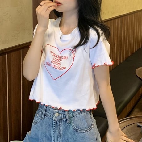 クロップド丈 Tシャツ 半袖 ラウンドネック 夏 配色 韓国ファッション レディース ショート丈 トップス へそ出し カットソー 大人可愛い ガーリー フェミニン DTC-643699777293